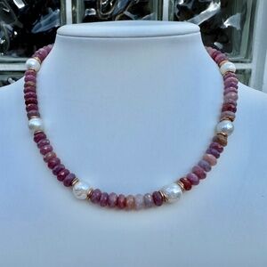 Ruby Necklace. Fresh Water Baroque Pearl Necklace. Gold Fill Lobster Clasp.